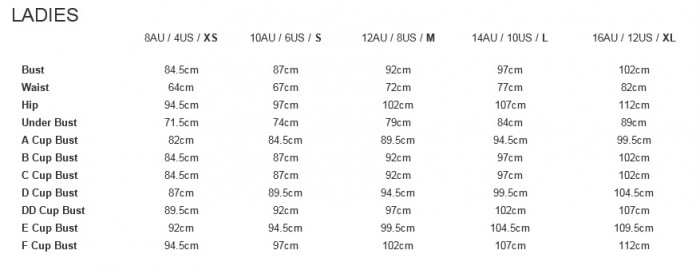 Seafolly Size Chart Størrelsesguide