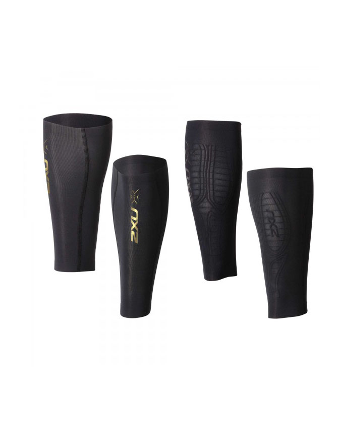 2XU Elite MCS Compression Calf Guard Unisex Hot Black/Gold logo - XS