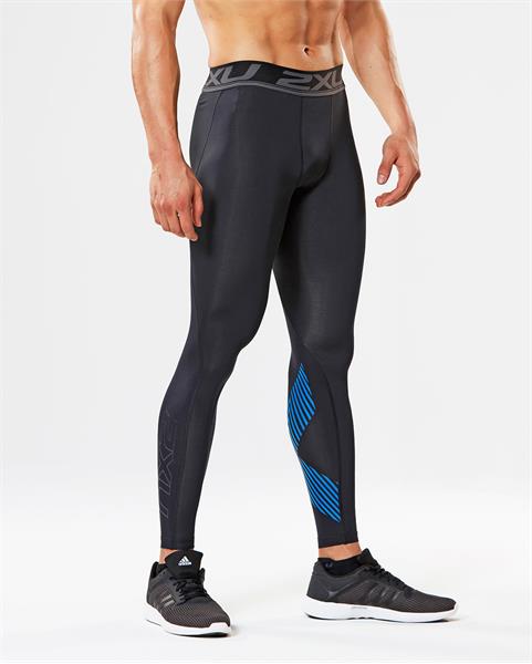 2XU Accelerate Compression Tights, Black/Arrow Striped Blue - M - til