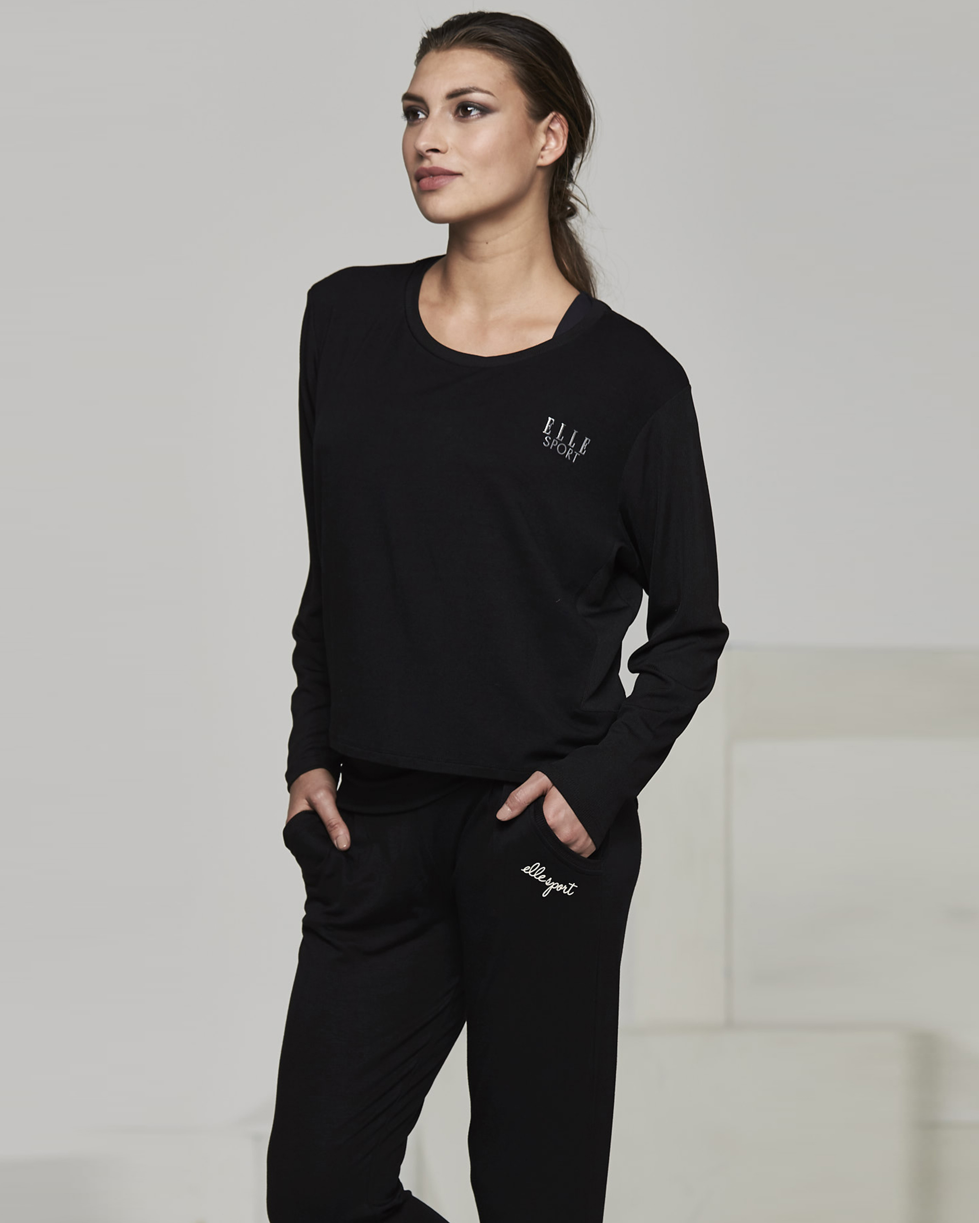 Ellesport Long Sleeve Rib and Viscose Top – Black