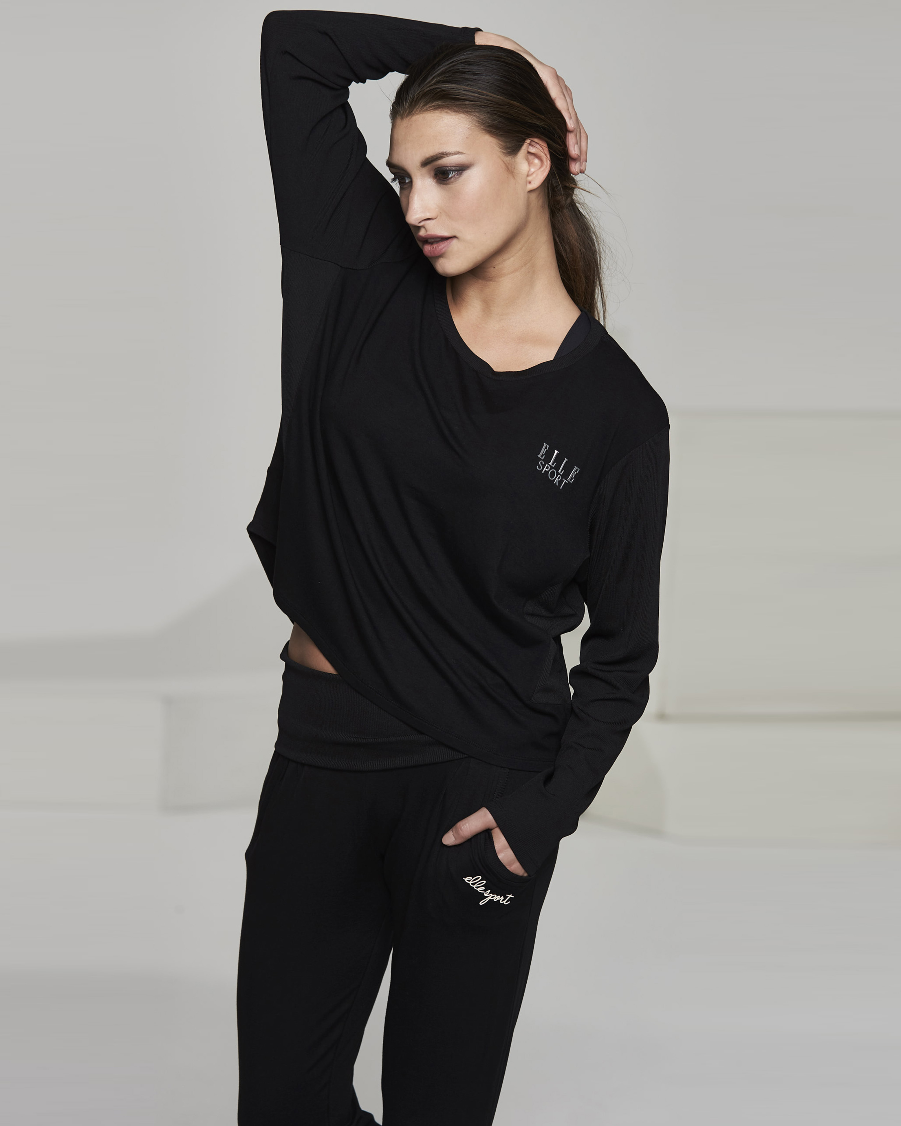 Ellesport Long Sleeve Rib and Viscose Top – Black