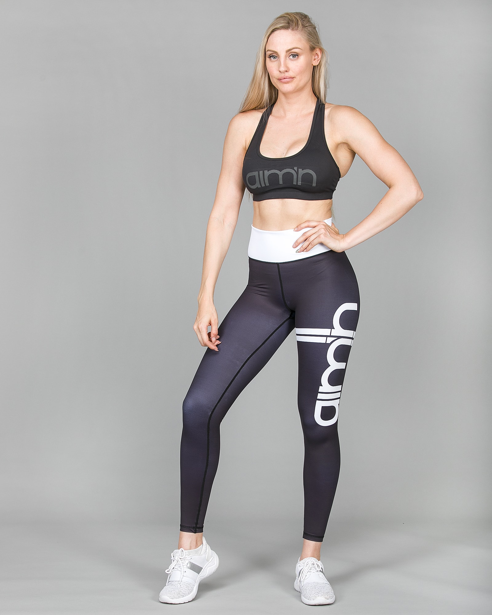 Aim’n Black Stripe High Waist Tights 18020002 and Black Reflective Bra 18030005