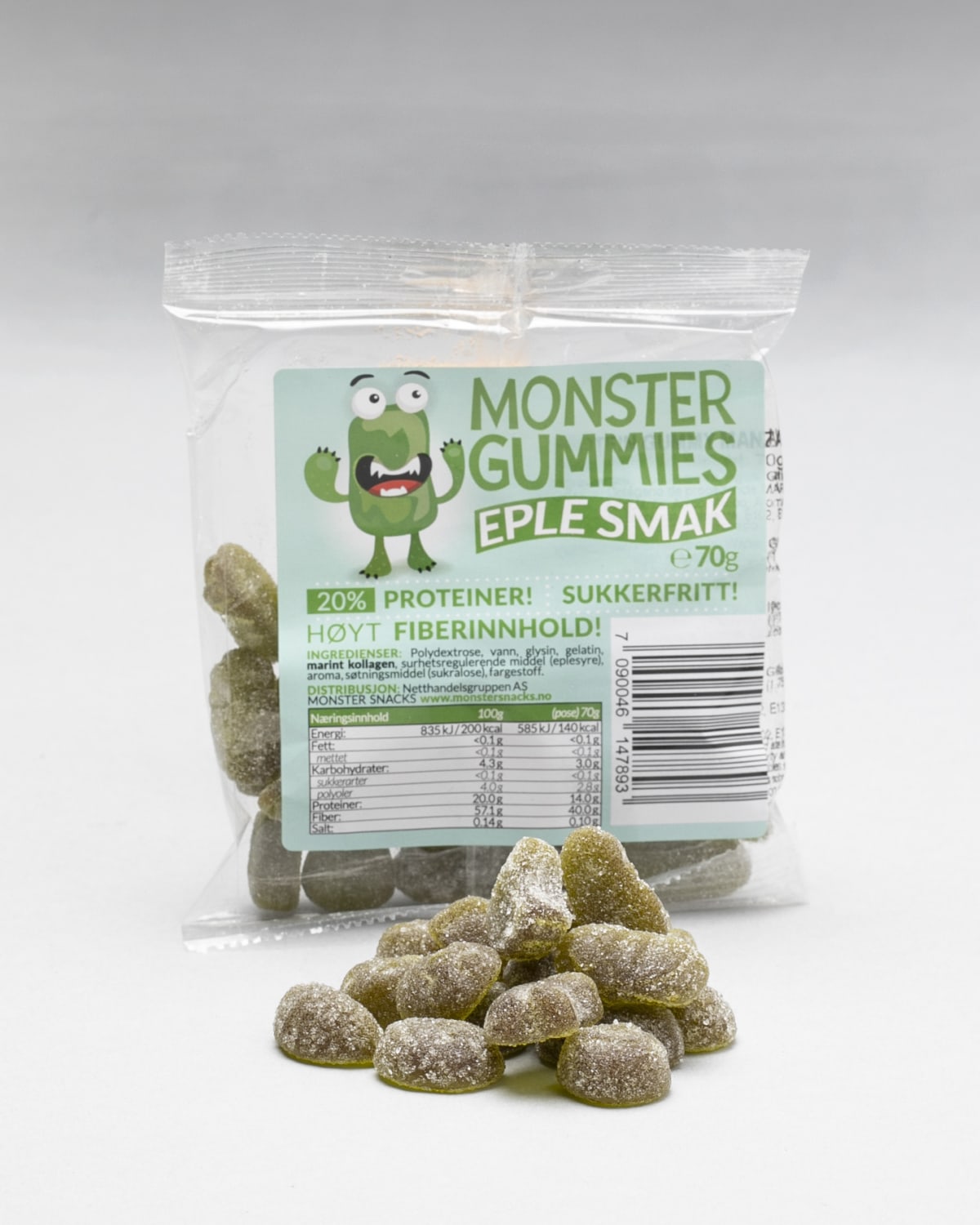 Monster Sukkerfri Lavkarbo Gummies Apple 70g - NY FORBEDRET SMAK! - mye proteiner