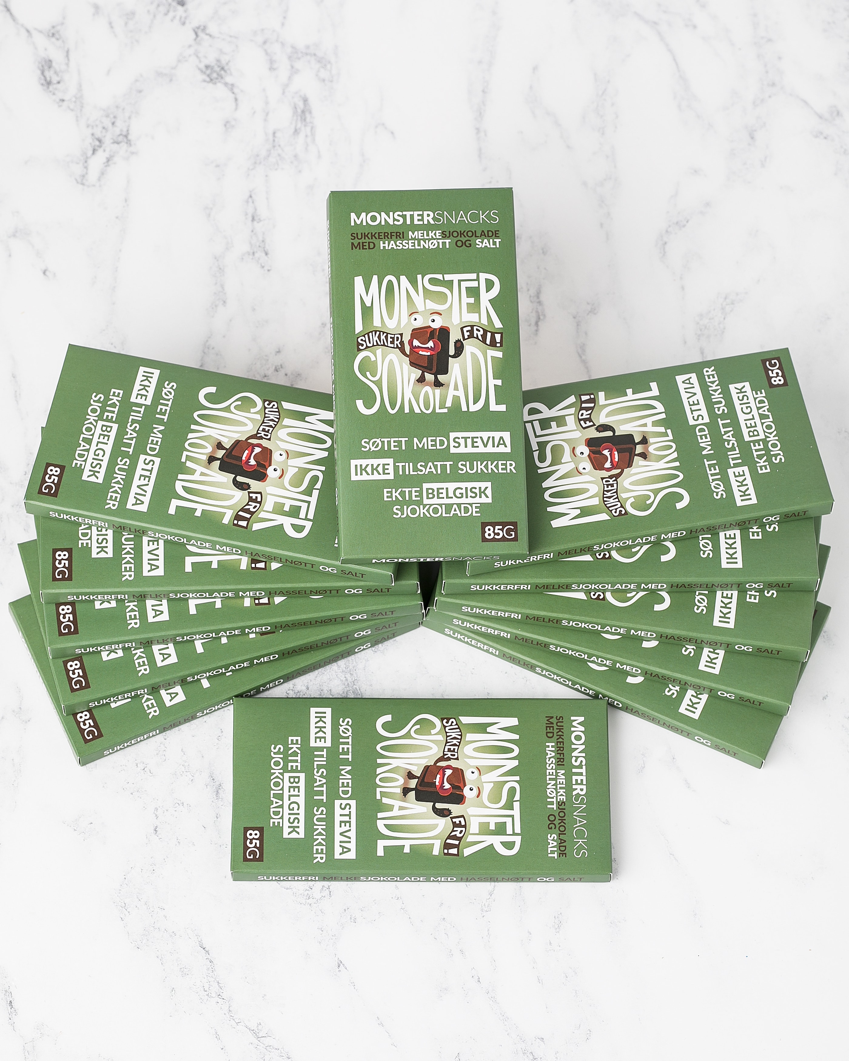 Monster Sukkerfri Belgisk Stevia Melkesjokolade - Helnøtt 12x85g - PAKKETILBUD2