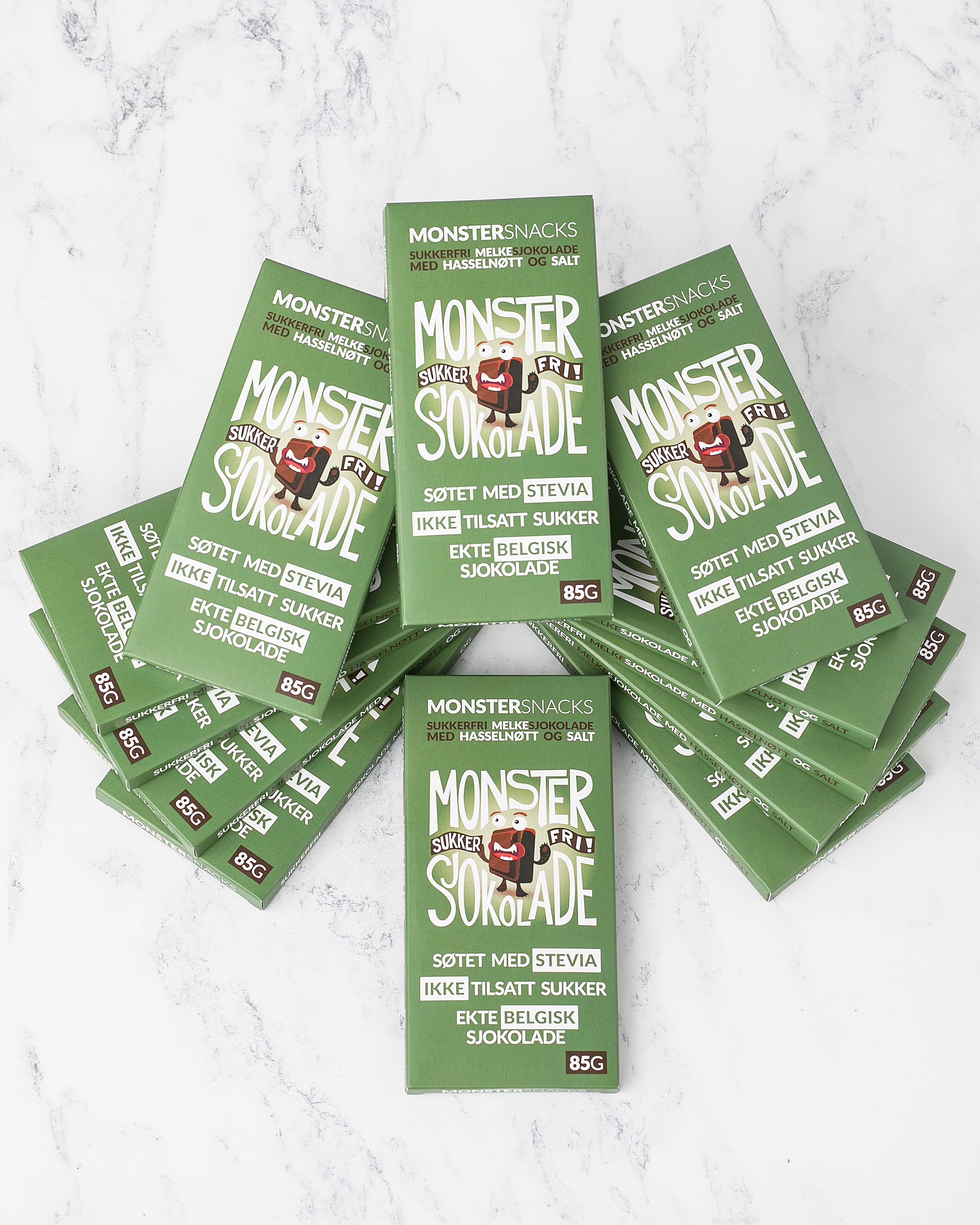 Monster Sukkerfri Belgisk Stevia Melkesjokolade - Helnøtt 12x85g - PAKKETILBUD3_1