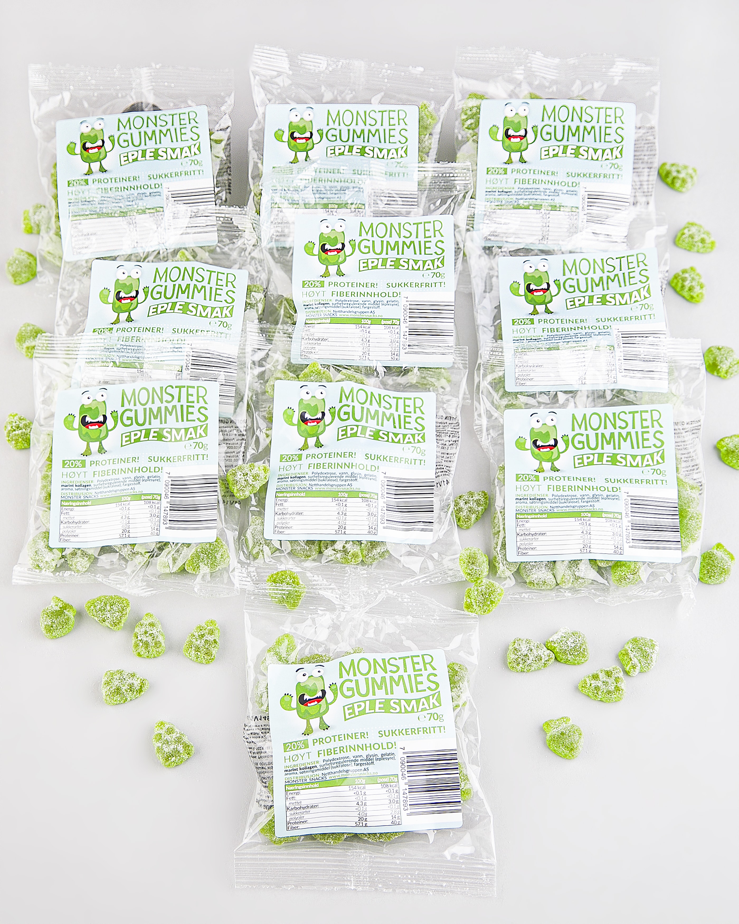 Monster Sukkerfri Lavkarbo Gummies Eple 10x70g - TIPAKNING