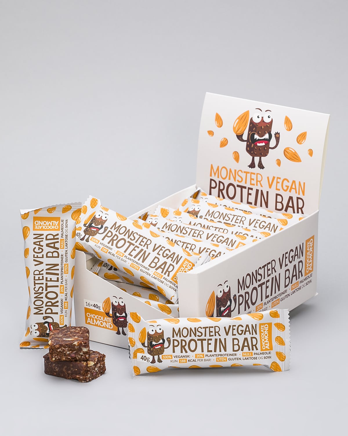 Monster Vegan Raw Protein Bar Chocolate Almond 16x40g Tights.no
