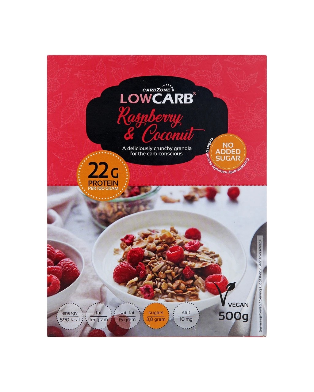 CarbZone Low Carb Raspberry & Coconut Crunchy Granola - protein i