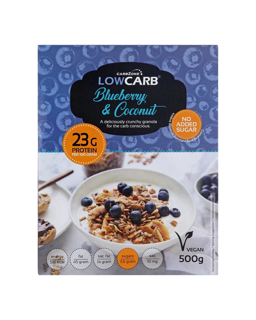 CarbZone Low Carb Blueberry & Coconut Crunchy Granola - protein i