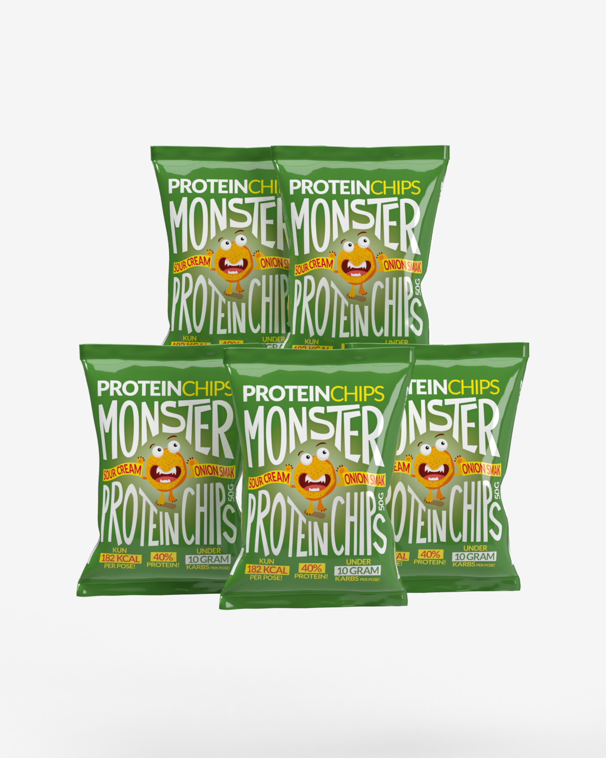 Monster Lavkarbo Protein Chips Sour Cream & Onion 5x50g - FEMPAKNING - salt og
