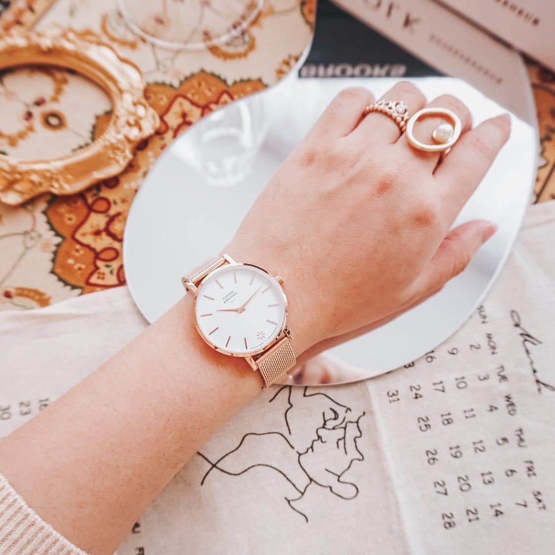 ORIGINAL 40MM MESH ROSE GOLD WHITE / ROSE GOLD + 14MM BROWN LEATHER STRAP - is