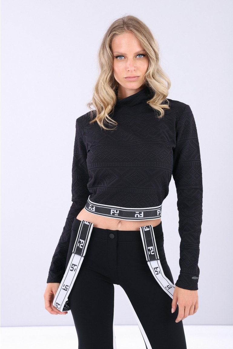 Freddy Black Bonded Jaquard Crop Polo Longsleeve - L - the