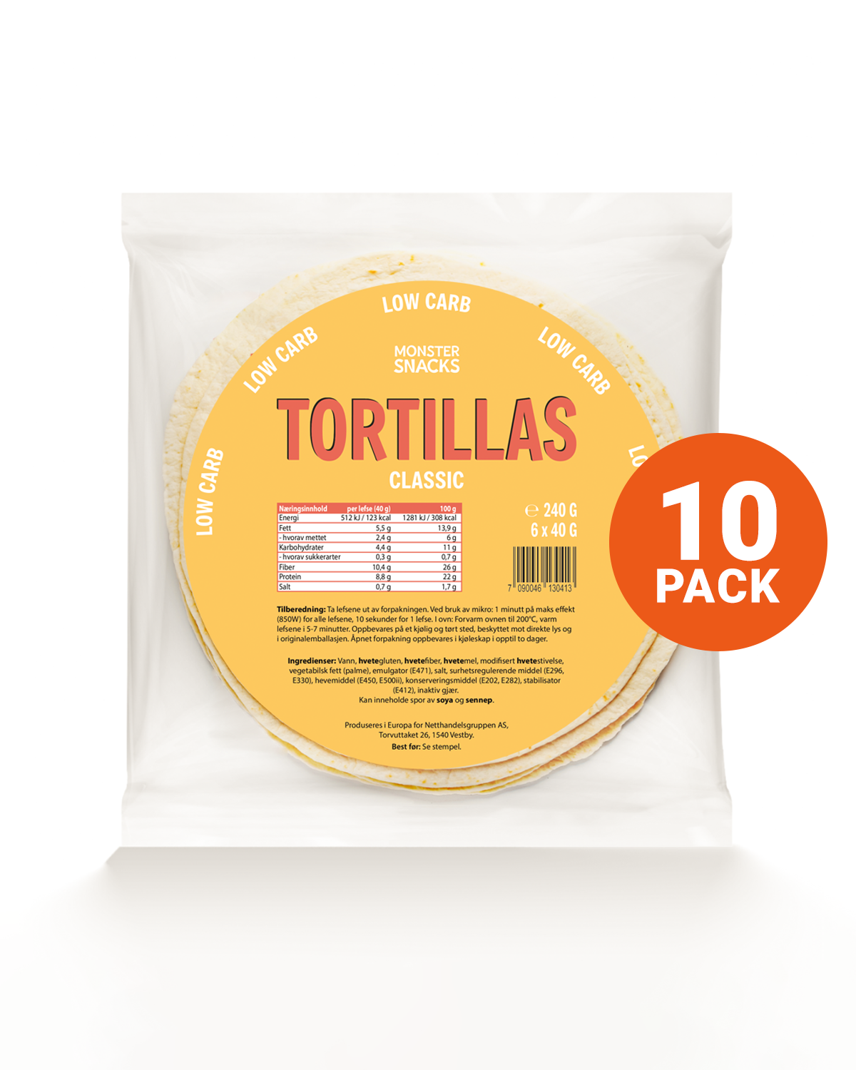 Monster Lavkarbo Tortillas 10-Pack (60 lefser)