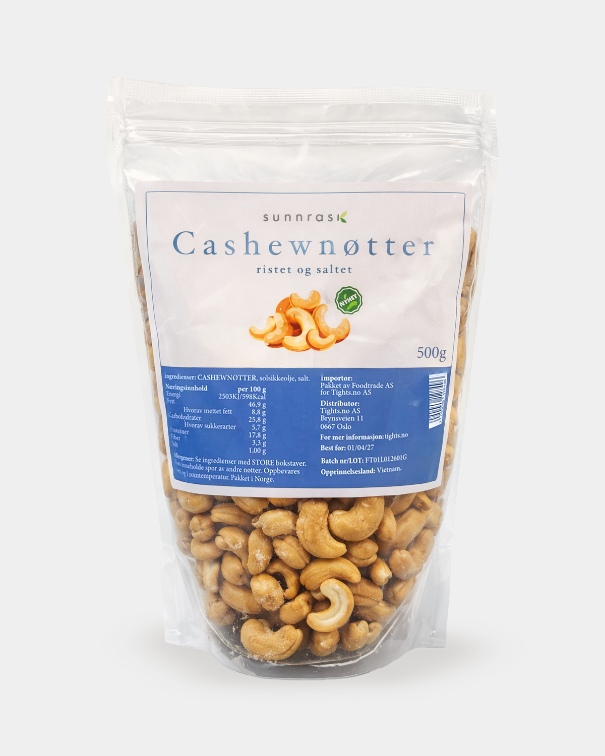 SunnRask Salte/Ristede Cashewnøtter 500g