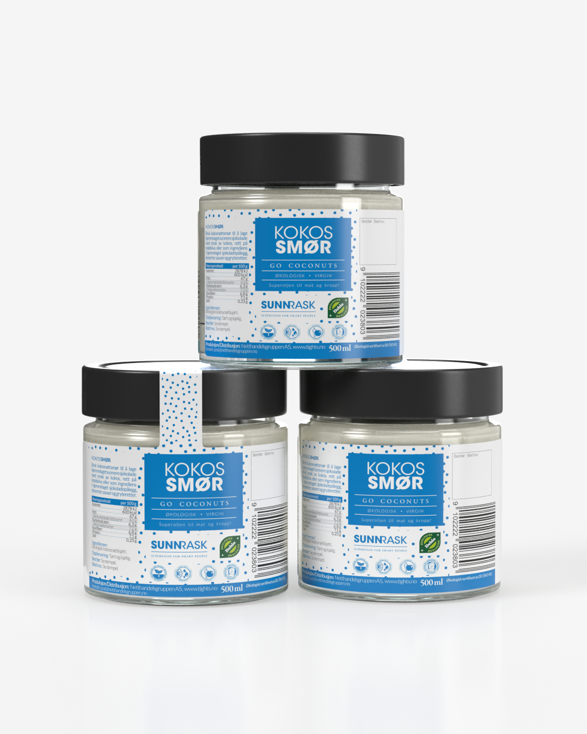 SunnRask Økologisk Kokossmør 3x450g - TREPAKNING!