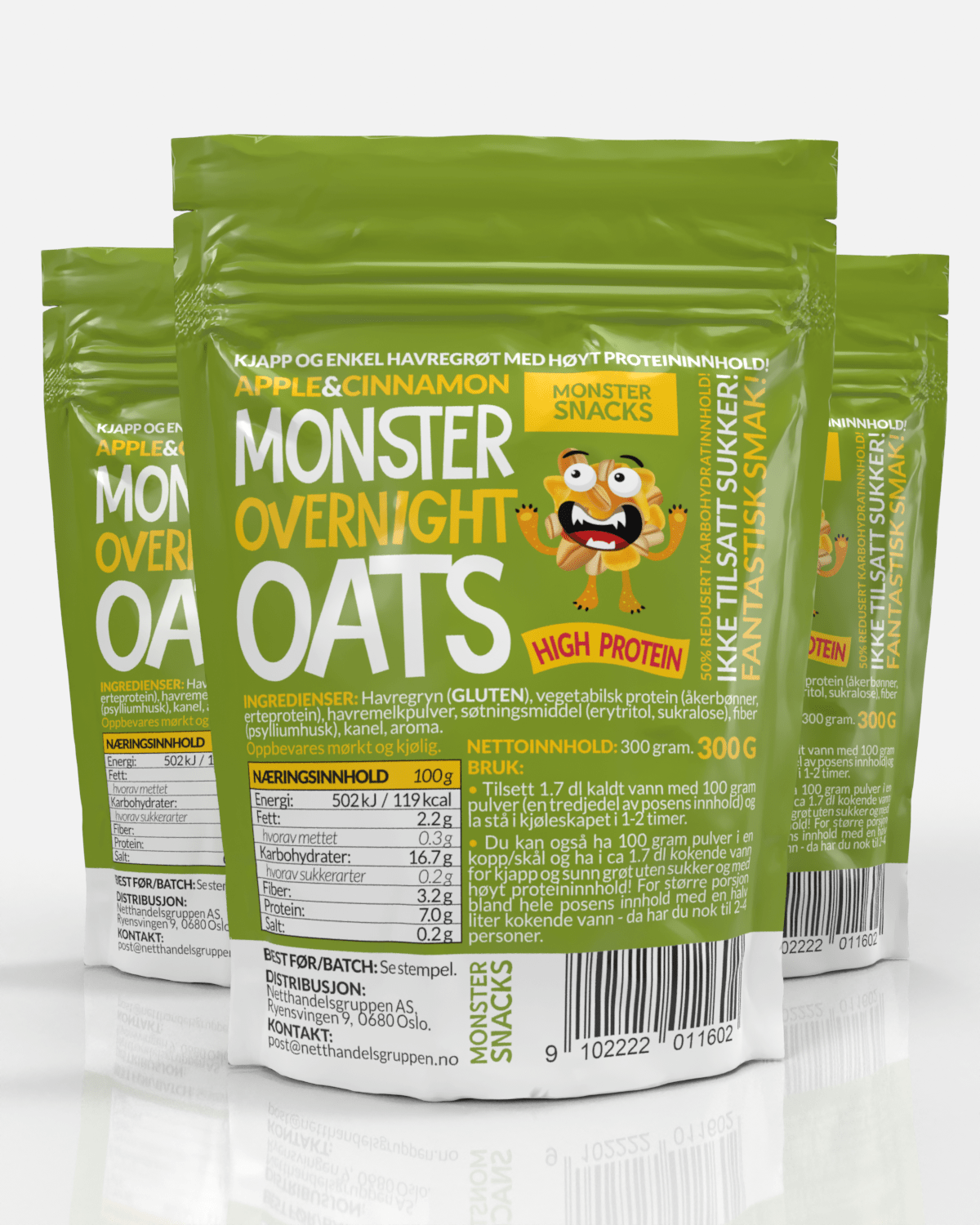 3x Monster Protein & Sukkerfri Apple Cinnamon Havregrøt 300g - pulver