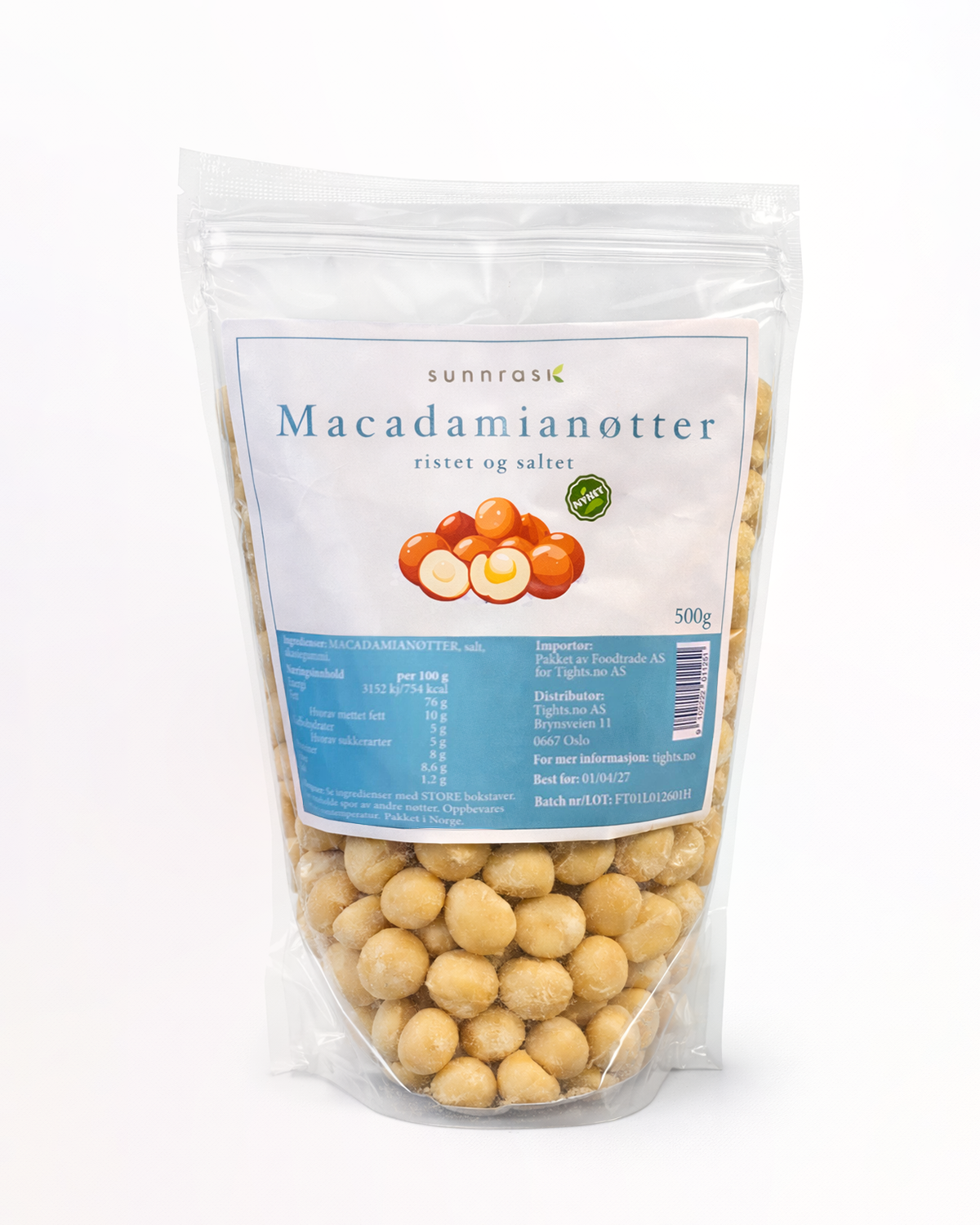 SunnRask Ristede & Salte Macadamianøtter 500g