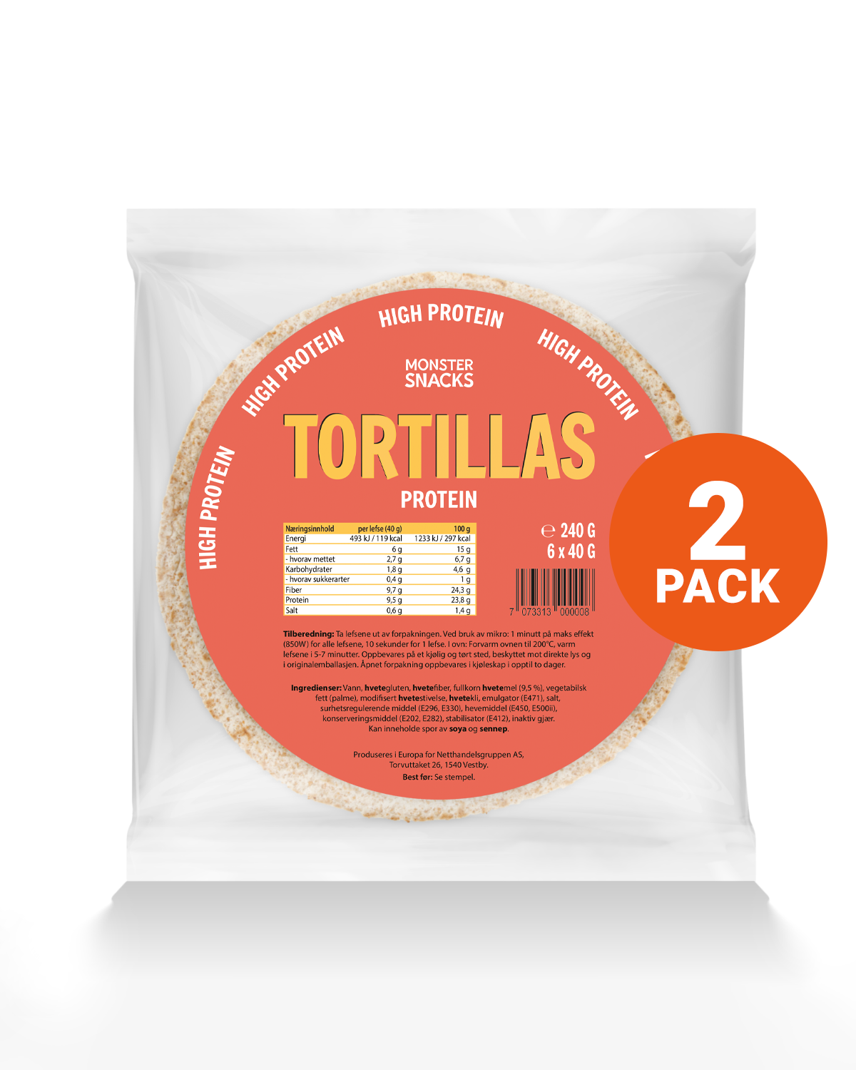 Monster Høyprotein Tortillas 2-Pack (12 lefser)