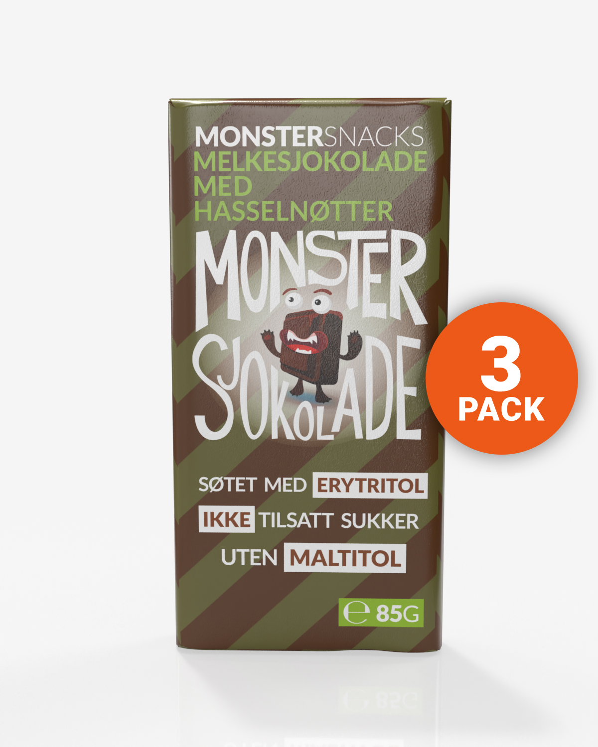 Monster Lavkarbo Belgisk Melkesjokolade m/Hasselnøtt 3x85g