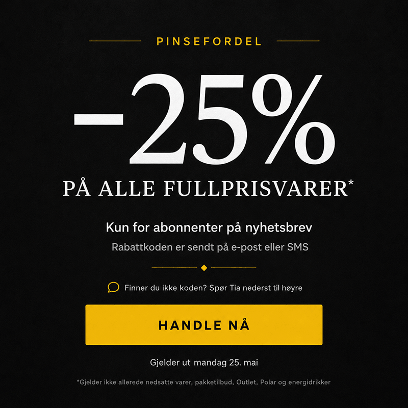Pinsefordel: -25% på alle fullprisvarer* Kun for abonnenter på nyhetsbrev. Rabattkoden er sendt på e-post eller SMS. Finner du ikke koden? Spør Tia nederst til nøyre. Gjelder ut mandag 25. mai. Handle nå!