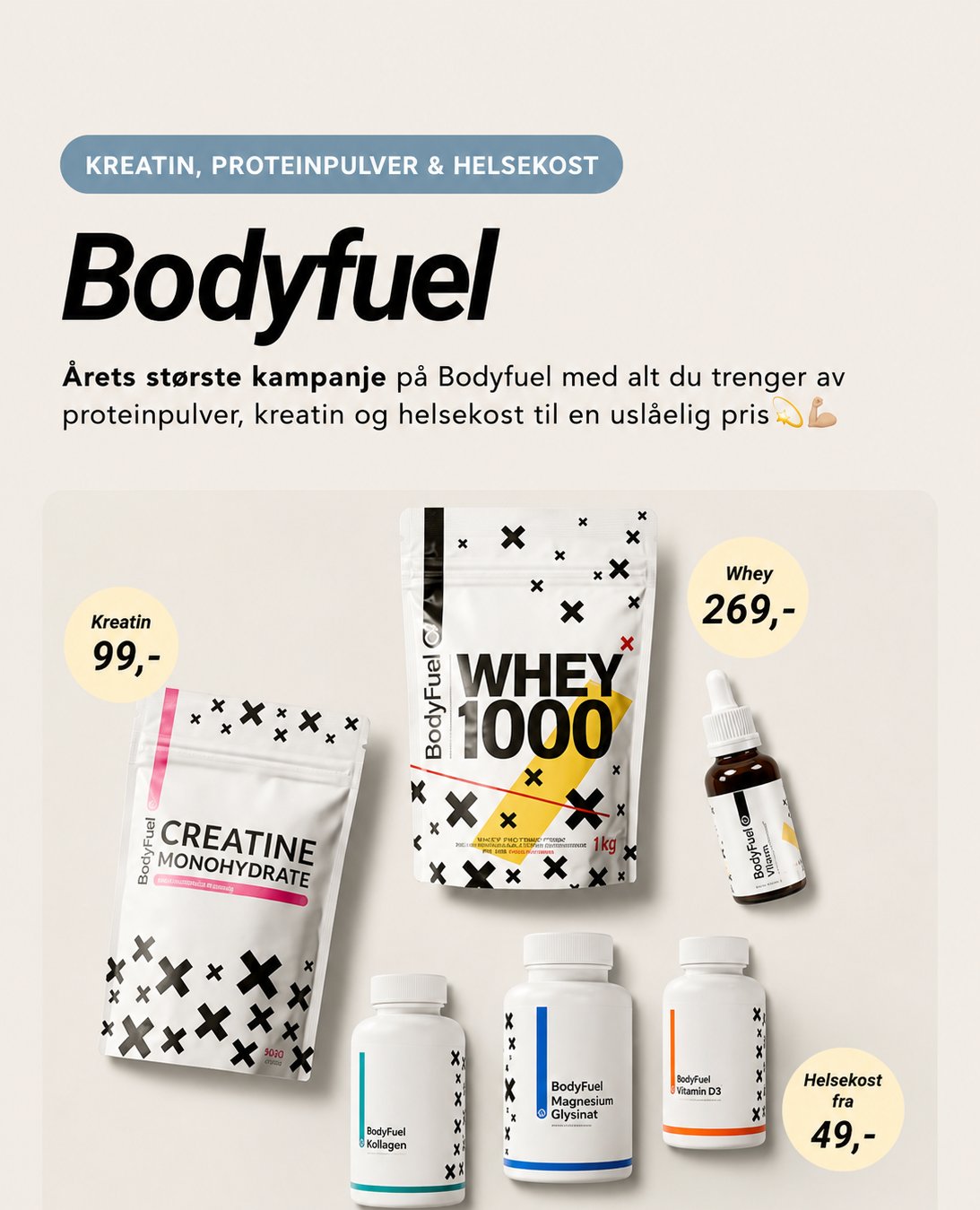 KREATIN, PROTEINPULVER & HELSEKOST. Bodyfuel. Årets største kampanje på Bodyfuel med alt du trenger av proteinpulver, kreatin og helsekost til en uslåelig pris